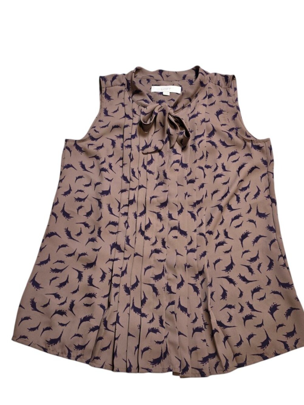 Loft Women’s Brown Sleeveless Button Up Purple Feather Pattern Tie Neck BlouseXS - Picture 3 of 12